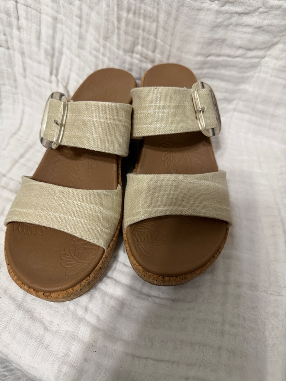 Skechers Beige Cream Linen Double-Strap Wedge Sandals